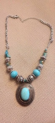 Collar Colgante Estilo Bohemio Vintage con Piedras Preciosas Color Turquesa  Foto 1 de 4