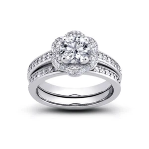1.11ct I/VS2 Round Earth Mined Certified Diamonds 18k  Halo Engagement Ring Set - Picture 1 of 6