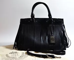 Lauren Ralph Lauren Barton Emery Tote Black Fringe Leather Bag Purse - Picture 1 of 21
