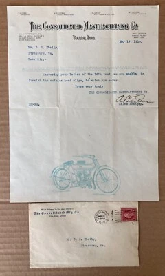 TOLEDO, OH ~ Consolidated Mfg. Co., Yale Motorcycles ~ Letter & Ad Cover 1910 - Image 1 of 4