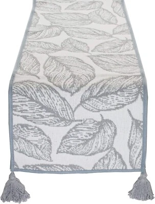 Corredor de mesa reversible de mezcla de algodón tejido hojas grises y blancas - 14"x71" Foto 1 de 3