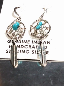 Navajo Native American Sterling Silver Dream Catcher Earrings w/ Turquoise Stone - Picture 1 of 5