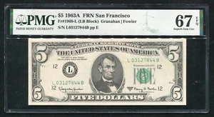 FR 1968-L 1963-A $5 FRN FEDERAL RESERVE NOTE SAN FRANCISCO, CA PMG GEM UNC-67EPQ - Picture 1 of 2