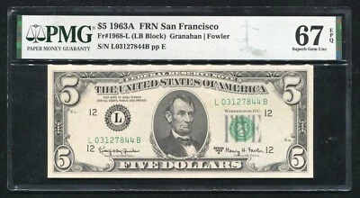 FR 1968-L 1963-A $5 FRN FEDERAL RESERVE NOTE SAN FRANCISCO, CA PMG GEM UNC-67EPQ - Image 1 of 2