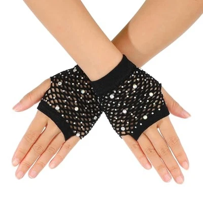 Guantes de rejilla Lusofie con estrás para mujeres niñas malla corta sin dedos negros Foto 1 de 4