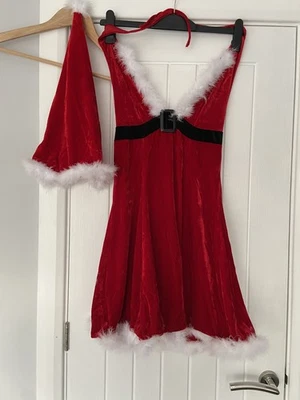Red Velvet Santa Baby Costume Dress & Hat Sexy V Neck Halter S Christmas Outfit - Image 1 of 4
