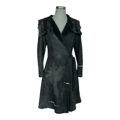 Женщин черный Prima Pelle стриженный мех отделки надежном пальто подпоясанный длинный жакет  - Изображение 1 из 4