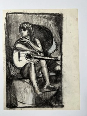 "Guitarrista Peter Bruning original dibujo carbón sentado sin firmar 14x10,5""" Foto 1 de 4