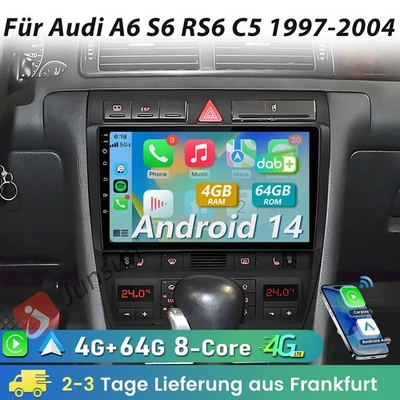 8-Kern DAB+ 4G+64G Android 14 Carplay Für Audi A6 S6 RS6 C5 1997-2004 Autoradio - Bild 1 von 4