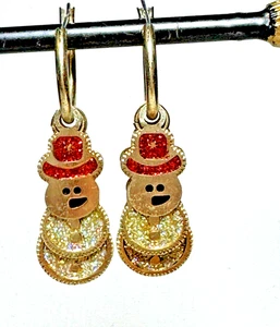 Earrings Snowman Person Red Top Hat Glitter Gold Plate Layered Dangle Drop 2" - Picture 1 of 10