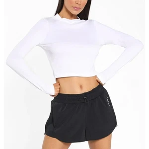 KORAL White Long Sleeve Crop Top MEDIUM Ribbed Mock Neck Logo Marlow $85 NEW - Picture 1 of 9