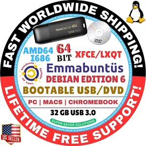 EMMABUNTUS LINUX OS LIVE BOOT USB, DVD DEBIAN UBUNTU XUBUNTU, 64 bits, MAC/PC - Imagen 1 de 15