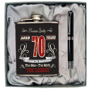70th Seventieth Birthday Milestone Black Stainless Steel Hip Flask, Pen Gift Box - Picture 1 of 1