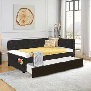Twin Size Daybed Upholstered Bed Frame Sofa Bed w/ Pull Out Trundle Black - Picture 1 of 10