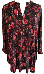COCOMO XL Black Red Orange Studded Floral 3/4 sleeve women's Pintuck Blouse - Picture 1 of 11