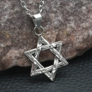 Antique Silver Tone Six Pointed Star Of David Jewish Pendant Necklace Link Chain - Picture 1 of 7
