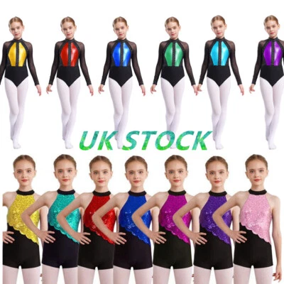 UK Girl's Sequins Gymnastics Leotard Jazz Latin Ballet Dance Stage Performance - Image 1 of 4