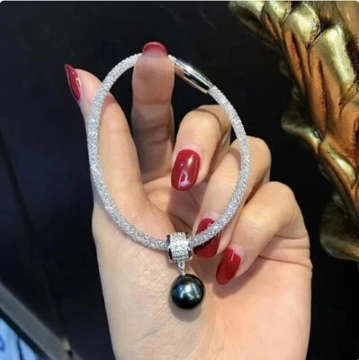 Gorgeous AAAAA 10-11mm Round South Sea Black Green pearl Bracelet 7.5-8" 925S - Image 1 of 3