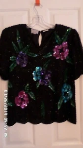 Womens Stenay Vintage Silk Blouse Sequin Beaded Floral Black Pink Aqua Sz Med - Picture 1 of 4