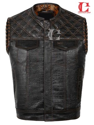 Chaleco de motociclista para hombre o club de caza cuero diamante acolchado chaleco de motocicleta B y marrón Foto 1 de 4