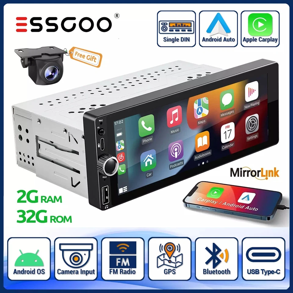 6,86" Single DIN Autoradio Apple Carplay Android 13 2+32G Radio BT GPS WIFI +CAM - Bild 1 von 4