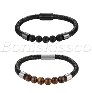 Women Men's Braided Leather Bracelet Stainless Steel Beads Magnetic Clasp Bangle - Picture 1 of 25