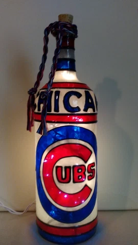 Chicago Cubs Inspired Bottle Lamp Hand painted Lighted Stained Glass Look Cover