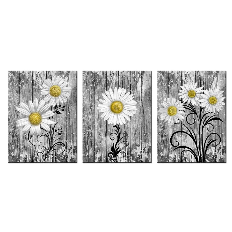 Arte de pared de baño de 3 piezas amarillo gris flores de margarita vintage gris foto floral... Foto 1 de 4