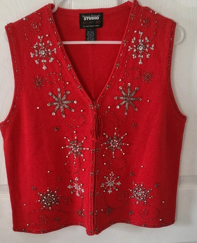 Vintage Christmas Sweater Vest Cardigan Womens L Large Red Snowflakes Beadsled - Image 1 of 4