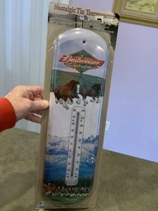 VTG Rivers Edge Nostalgic Tin Thermometer Budweiser 5 X 17 Indoor /Outdoor NEW - Picture 1 of 7