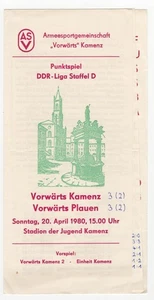 Altes Fußballprogramm DDR Liga Staffel D Vorwärts Kamenz gegen Plauen 1980 - Bild 1 von 1