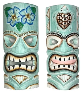 Juego de 2 - Máscara Tiki Aqua Teal - Única tallada a mano para colgar en la pared o independiente... - Imagen 1 de 9