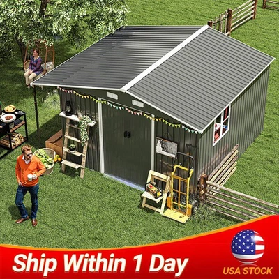 Cobertizo de almacenamiento al aire libre de 12x10 pies cobertizo de herramientas de jardín de metal impermeable con estantes Foto 1 de 4