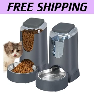 Automatic Pet Feeder & Water Dispenser Set - 1 Gallon Capacity, Stainless Steel - Picture 1 of 9