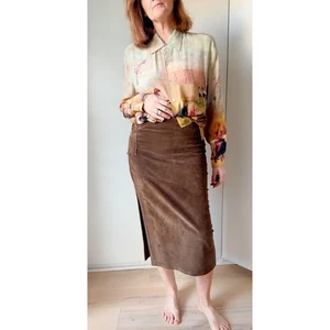 Y2K Suede Leather Skirt Brown Size 6 Midi Fall Minimalist Staple Piece DKNY - Picture 1 of 9
