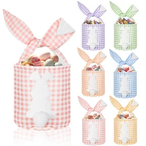 6 Pcs Easter Bunny Basket Bags Canvas Easter Eggs Tote Rabbit Print Bucket wi... - Picture 1 of 6