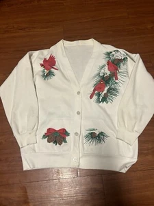 VTG 80s Cardigan Sweatshirt Made In USA XL Cardinal Song Birds - Picture 1 of 6
