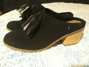 Toms Womens Leimul Block Heel Shoes Black Suede Tassels Slip On Mules sz12 - Picture 1 of 5