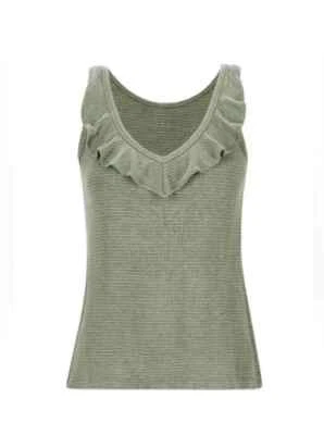 Camiseta sin mangas para mujer Cabi # 6143 Wink verde/blanco con volantes a rayas cuello en V M Foto 1 de 4