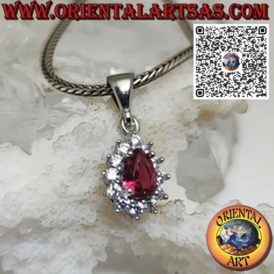 Ciondolo in Argento 925 ‰ con granato a goccia e contornato da zirconi tondi - Immagine 1 di 4