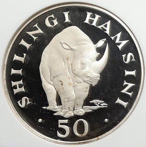 1974 TANZANIA President Nyerere RHINOCEROS Proof Silver 50 Shg Coin NGC i106024 - Picture 1 of 5