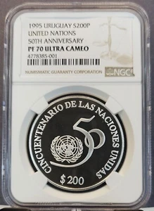 1995 URUGUAY SILVER 200 PESOS UNITED NATIONS NGC PF 70 ULTRA CAMEO PERFECT POP 1 - Picture 1 of 3