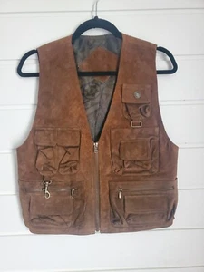 Boulder Ridge Leather Vest Vintage 90s Fishing Adventure Leather Pockets S - Picture 1 of 5
