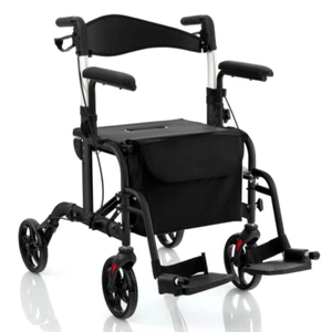 Folding Rollator Walker 2-In-1 Wheelchair Adjustable Handles Reversible Backrest - Picture 1 of 12