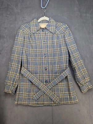 Abrigo Vintage Talla Pequeña Tweed Cuadros Beige Azul Cinturón Columpio Foto 1 de 4