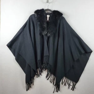 J. Crew Black Wool Wrap Shawl Poncho Faux Fur Collar Chic Womens One Size - Picture 1 of 12