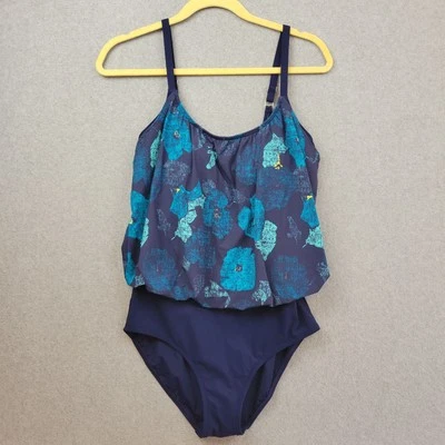 LL Bean Swimsuit Womens Size 10 One Piece UPF 50+ Sun Smart Blouson Floral Navy - Image 1 of 4