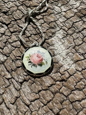 Ciondolo Hjortdahl argento sterling smalto rosa rosa norvegese vintage 727 - Immagine 1 di 4