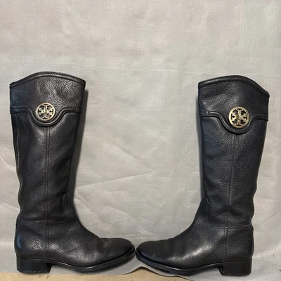Tory Burch 16" Shaft Black Leather Gold Medallion Logo Riding Boots Women's 9M - Image 1 of 4