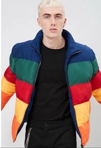 Forever 21 Men's Rainbow Puffer Jacket Size M Blue/Red/Yellow/Green/Orange - Picture 1 of 5